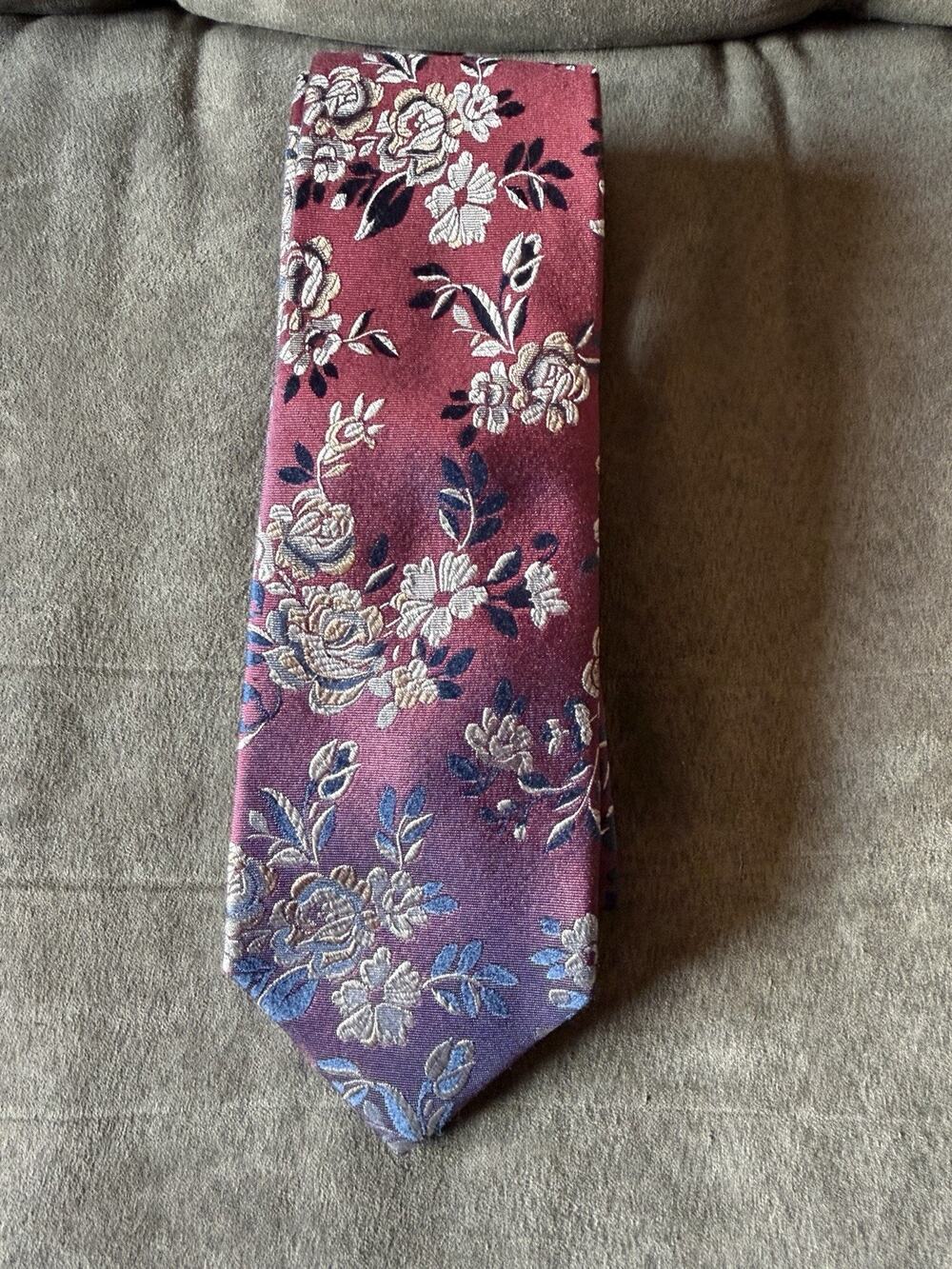 Awearness Kenneth Cole Men’s Silk Necktie Pink Burgundy Purple Floral Rose